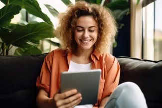 Fröhliche Junge Frau mit Tablet auf Couch